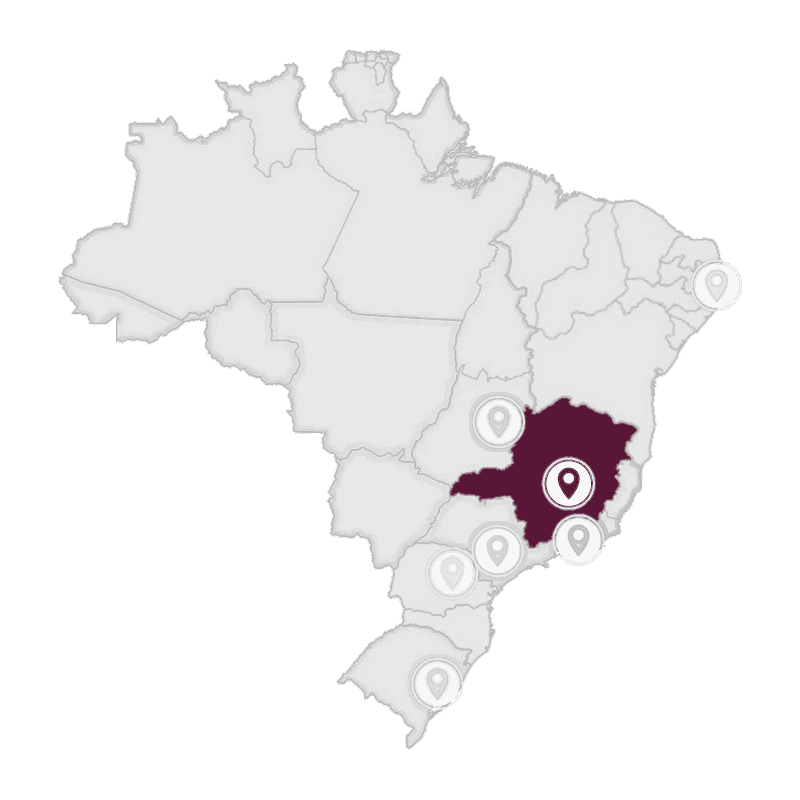 Mapa do Brasil com o estado de Minas Gerais destacado: circunscrição do Consulado da Itália em Belo Horizonte