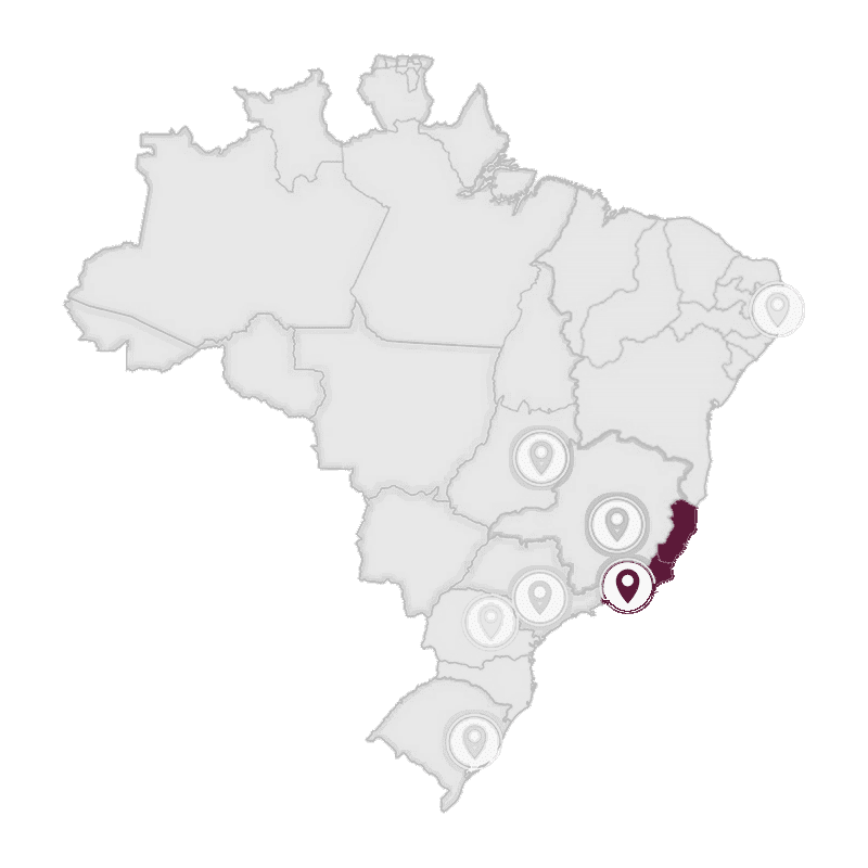 Mapa do Brasil com os estados do Rio de Janeiro e Espírito Santo destacados: circunscrição do Consulado da Itália no Rio de Janeiro